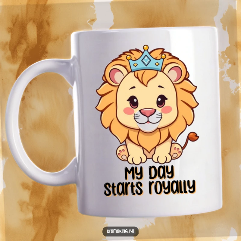 Funny lion cub wearing a sparkly crown, looking proud and regal on this mug, a perfect gift for royalty.