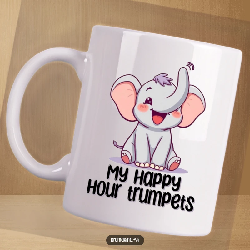 Funny Elephant Trumpet Mug featuring a happy elephant with its trunk raised, trumpeting with theatrical and contagious joy.