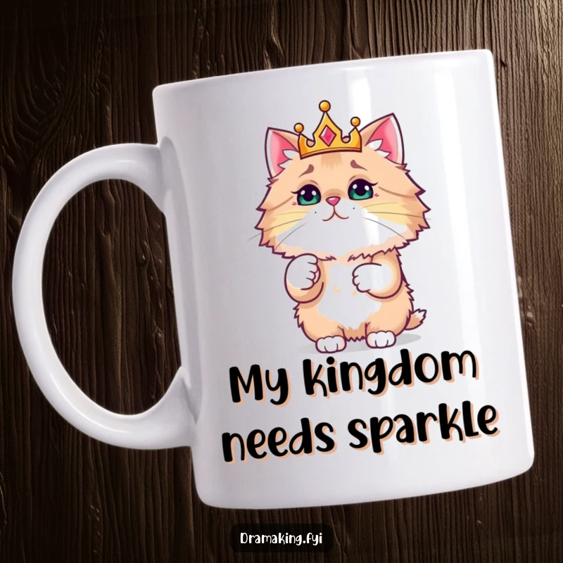 Funny mug featuring a fluffy cat in a crown, dramatically pointing at a sparkling gem, exuding royal humor.