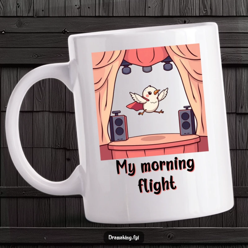 Funny mug with a tiny bird wearing a cape, dramatically leaping from a miniature stage, for heroic pet appreciation.