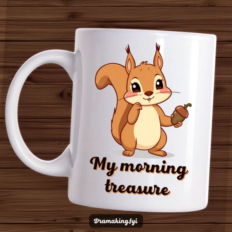 Funny squirrel mug featuring a tiny rodent dramatically pointing an acorn like a royal scepter, embodying humorous authority.