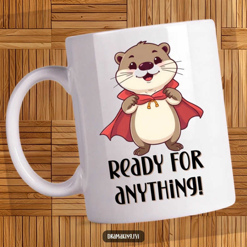Funny Cheerful Otter Hero Mug featuring an otter in a cape, striking a flamboyant, confident pose with heroic charm.