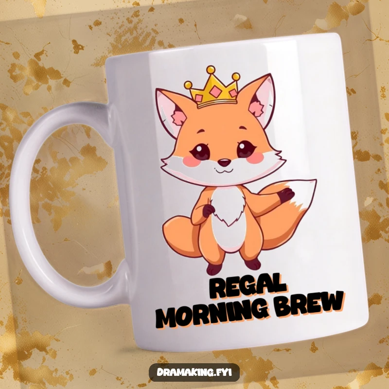 Funny mug featuring a cute fox wearing a golden crown, striking a dramatic pose with one paw outstretched, looking regal.
