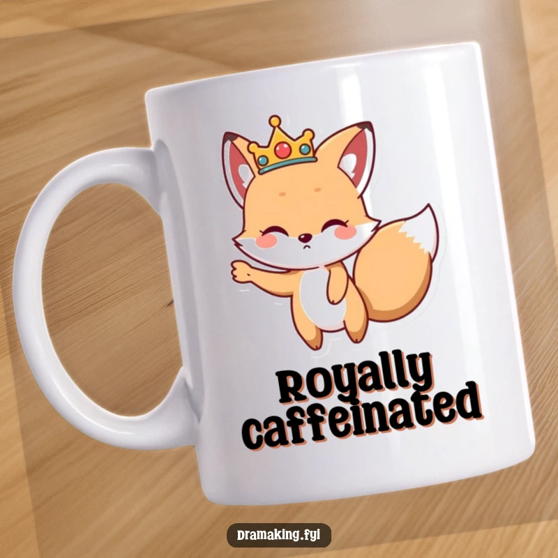 Funny Regal Fox Mug, a cute fox wearing a crown, striking a dramatic pose with one paw outstretched, exuding confidence.