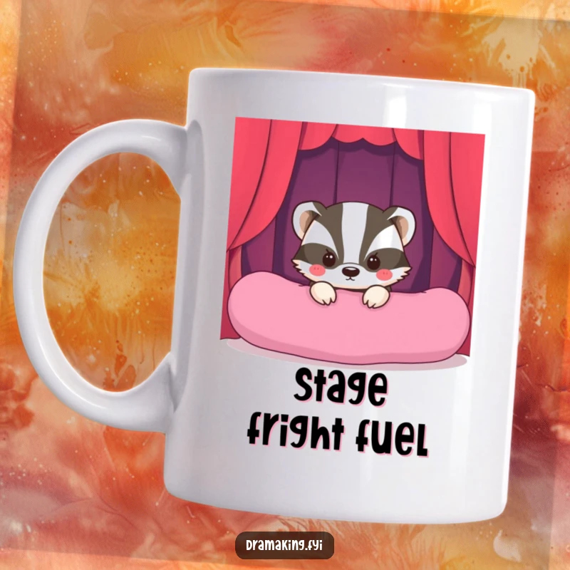 Funny Shy Badger Stage Mug featuring a bashful badger peeking from behind a cushion, ready for its hilariously anticipated debut.