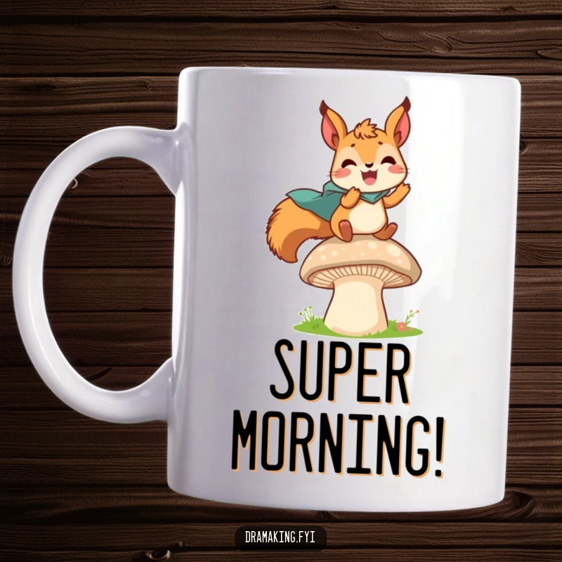 Funny mug art of a delighted squirrel wearing a tiny cape, leaping from a mushroom with a heroic and joyful expression.
