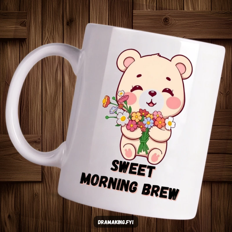 Funny Smug Bear Mug, a small bear with a bouquet of flowers, looking overly pleased with itself, radiating pride.