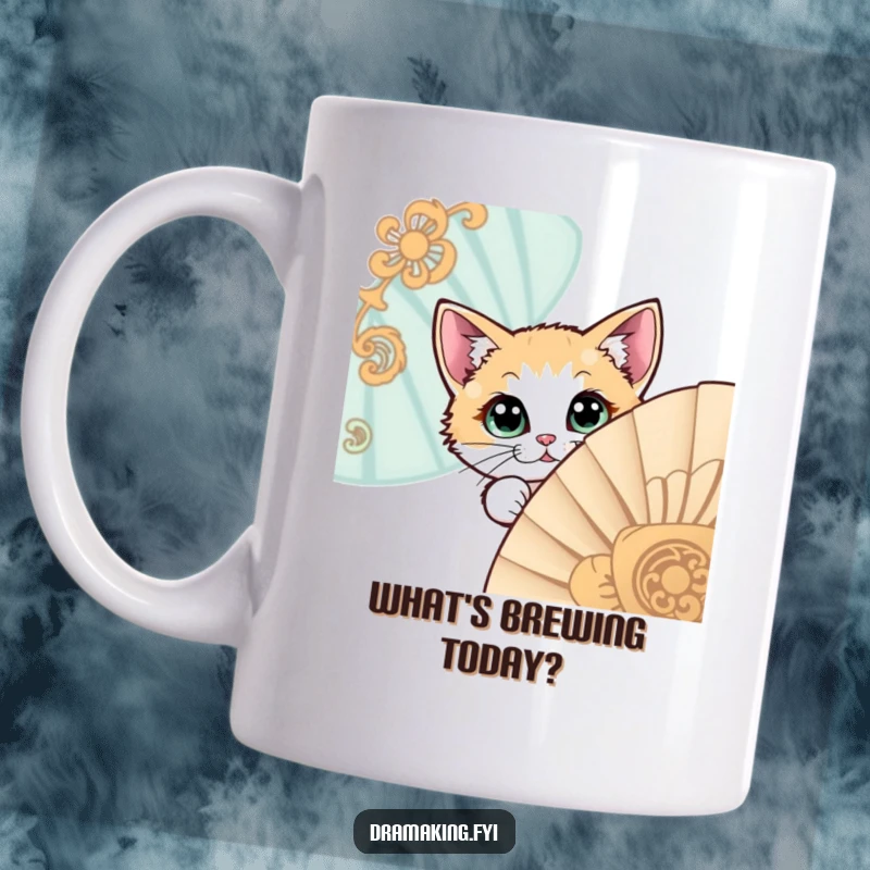 Funny mug with a wide-eyed, curious cat character peeking playfully from behind a large, vintage, ornate fan.