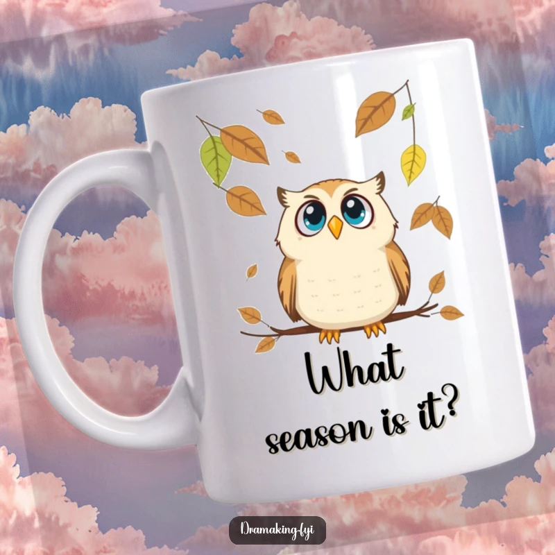 Funny Owl Mug: A surprised owl with wide eyes gazes upwards at comically oversized falling autumn leaves.