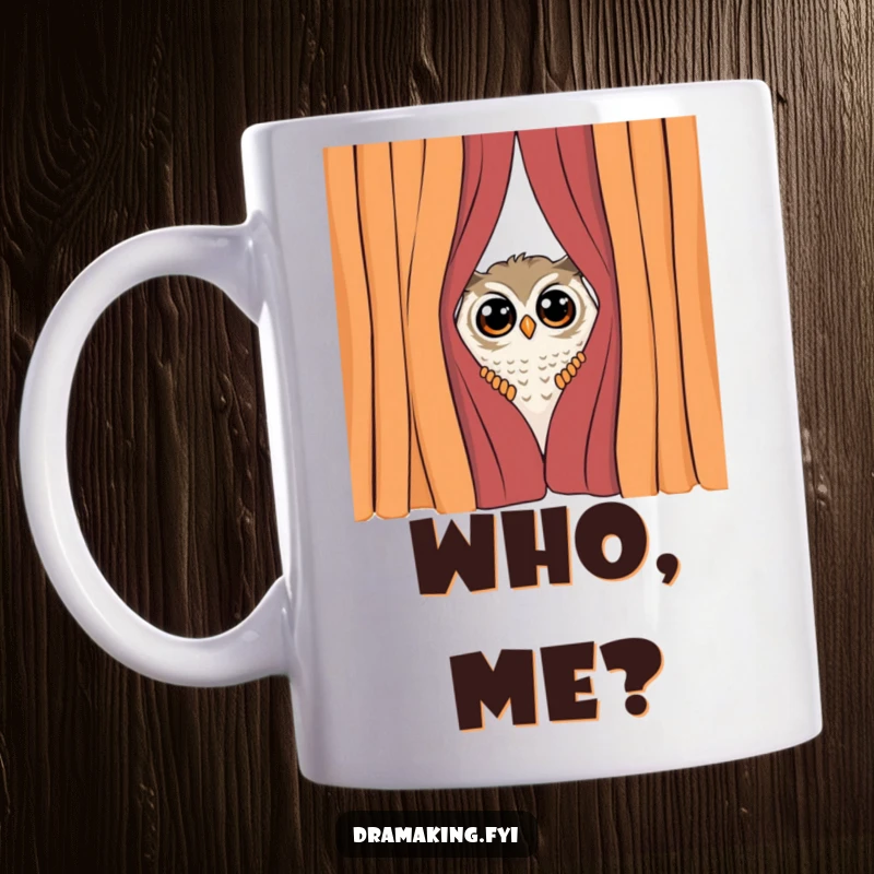 Funny Shy Owl Mug, a curious owl peeking from behind a dramatic curtain, surprised by attention, conveying shyness and humor.