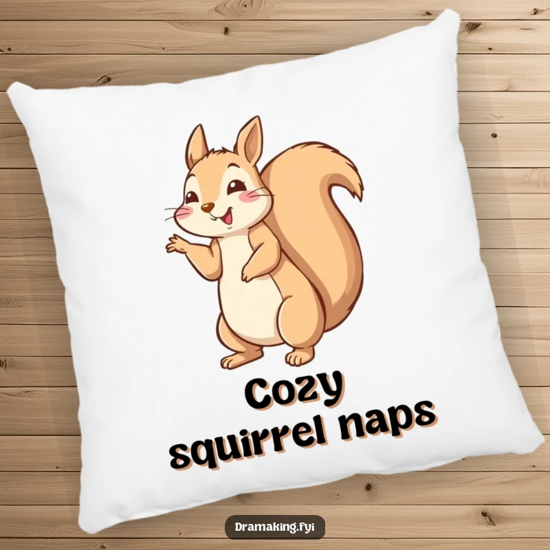 Funny happy squirrel pillow striking a dramatic pose with tail fluffed high, soft and humorous decor.