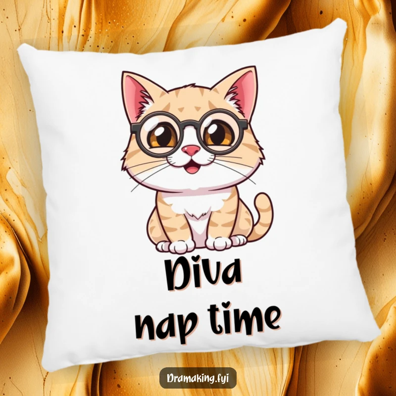 Funny Cat Pillow: A plush cushion featuring a smiling cat with a monocle surveying the scene theatrically, designed for comfort and elegance.