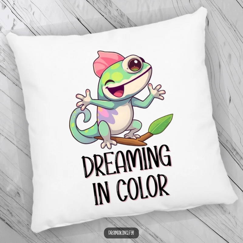 Funny Chameleon Pillow: A cheerful chameleon joyfully changing colors in a dramatic pose, offering comfort with humorous vibrancy.