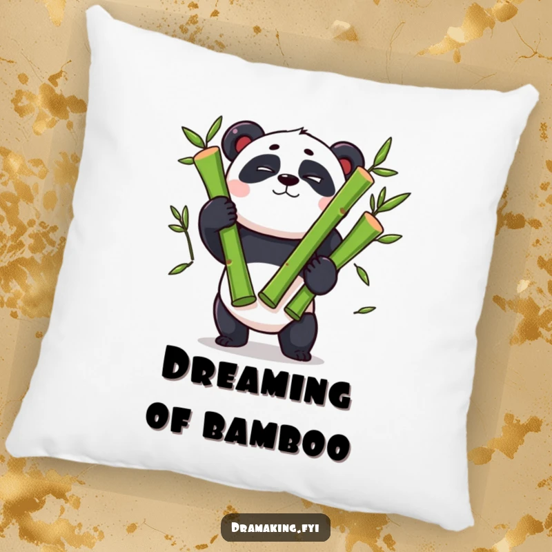 Funny panda pillow, winking panda character, juggling three oversized bamboo shoots, soft and amusing decor.