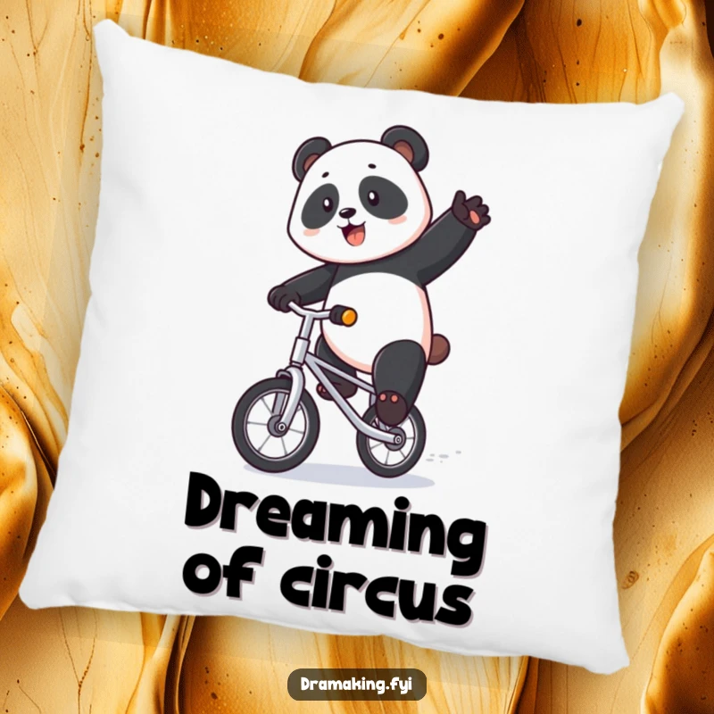 Funny panda pillow featuring a majestic panda riding a tiny unicycle with exaggerated flair, offering cozy comfort and circus-themed humor.