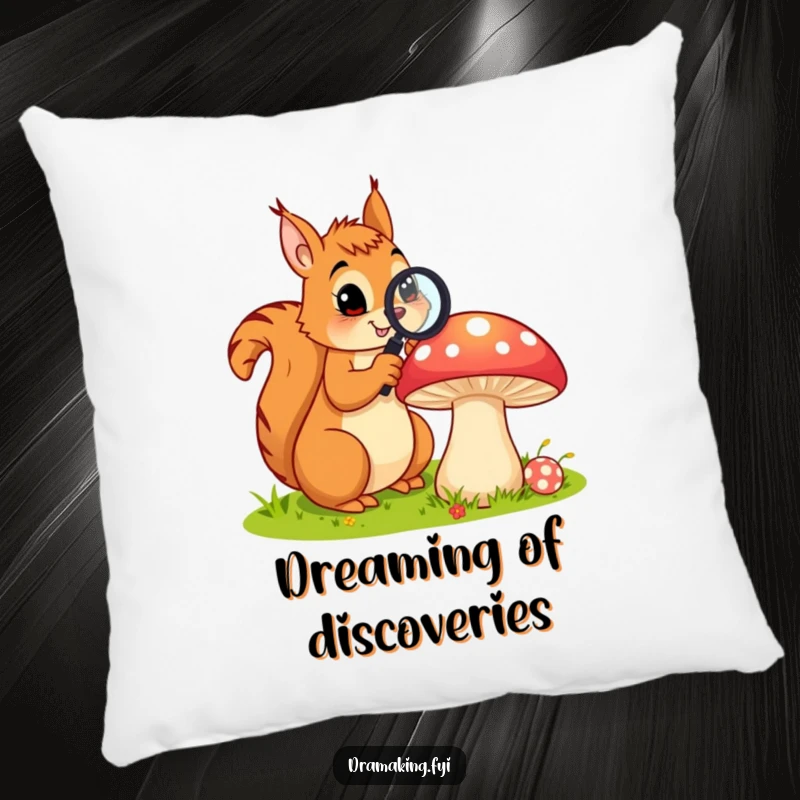 Funny pillow illustrating a curious squirrel with a magnifying glass examining a large, colorful mushroom, adding cozy nature humor.