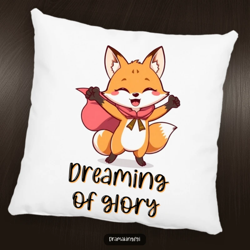 Funny pillow with a triumphant fox in a flowing cape, striking a heroic pose, offering plush comfort and laughter.