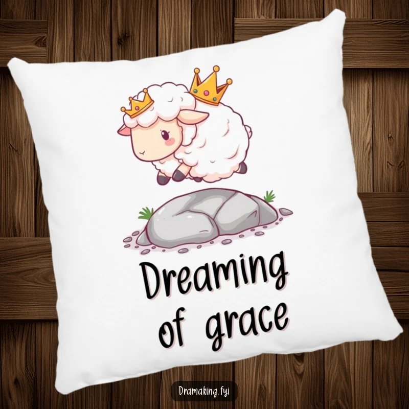 Funny Sheep Crown Pillow displaying a fluffy sheep with a crown tripping over a tiny pebble, soft and humorous decor.