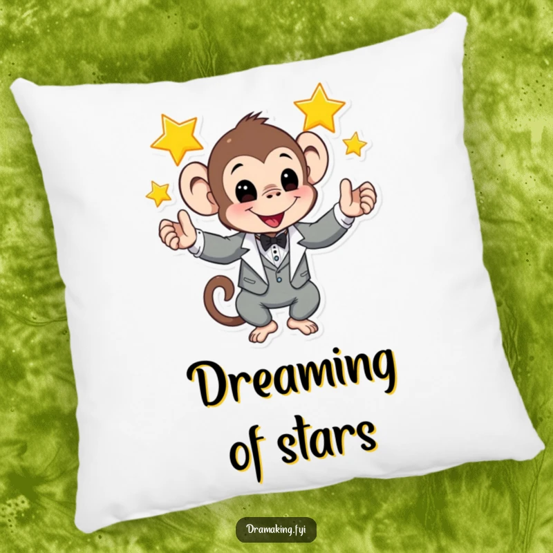 Funny pillow showcasing a monkey in a tuxedo juggling shining stars, offering soft, humorous comfort and cosmic appeal.