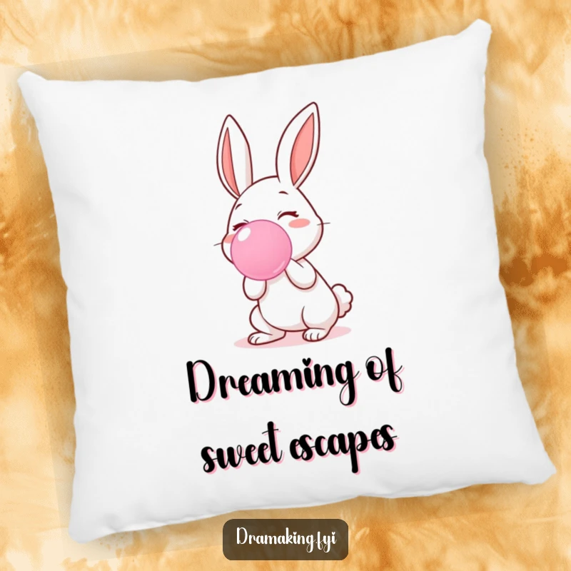Funny pillow featuring a gleeful rabbit character blowing a spectacular, translucent bubblegum bubble, perfect for soft, happy decor.