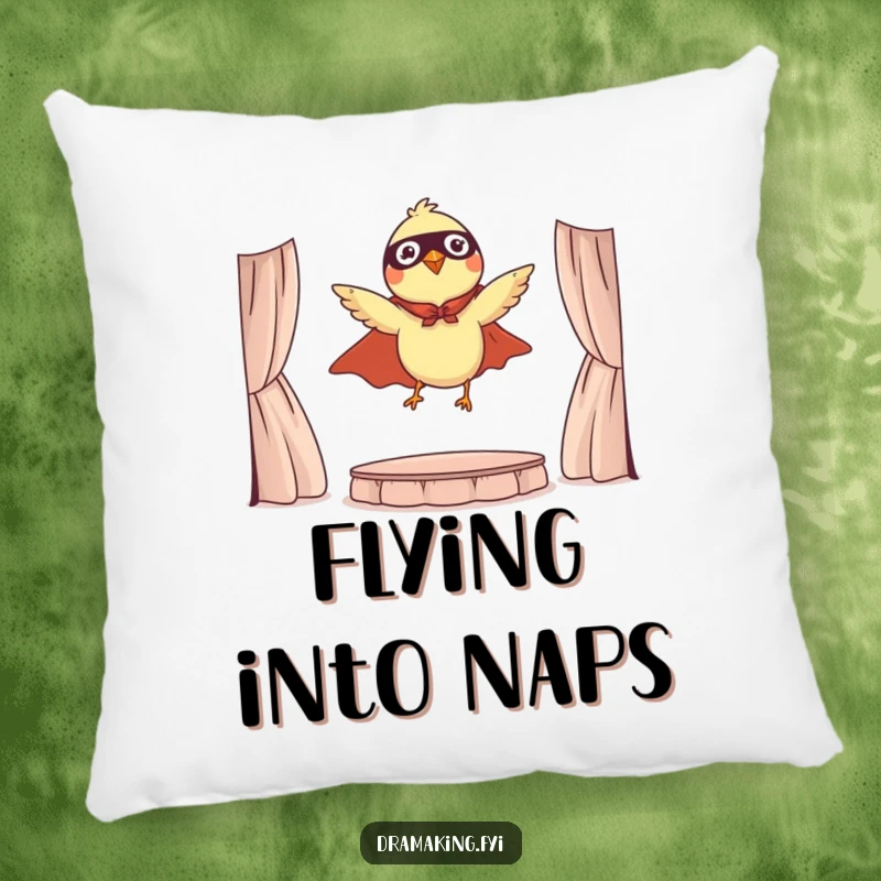 Funny pillow featuring a tiny bird in a cape, dramatically leaping from a miniature stage, soft and heroic.