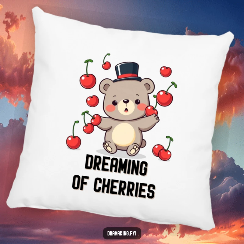 Funny Bear Pillow featuring a silly bear in a top hat juggling large cherries, perfect for adding comfort and comedy.