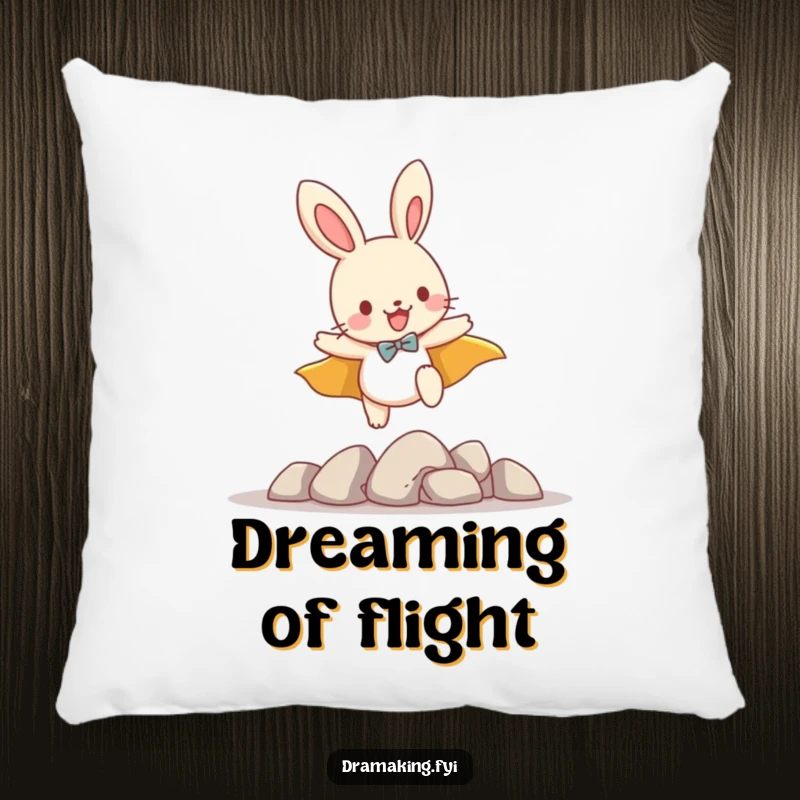 Funny pillow featuring a playful bunny with a cape, leaping over small obstacles, soft and heroically humorous decor.