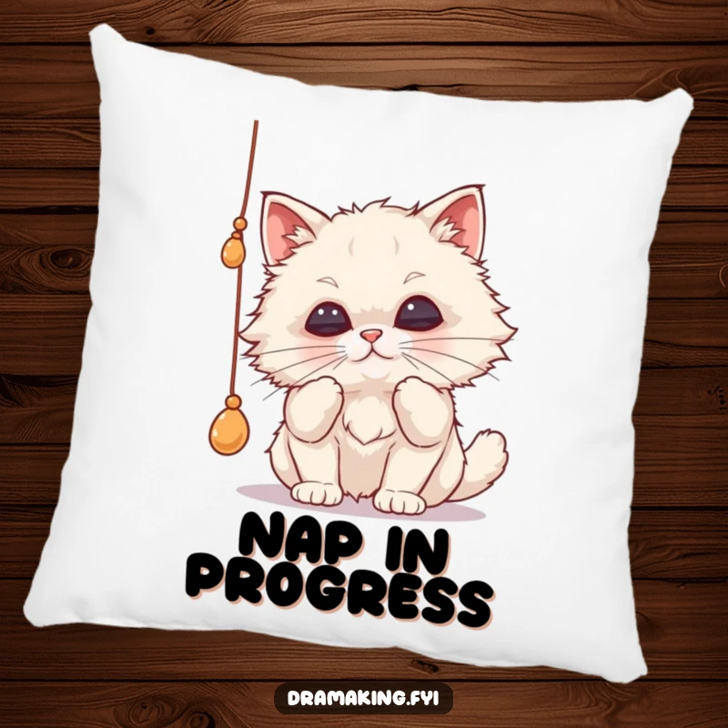 Funny cat pillow featuring a fluffy cat batting a string with pursed lips, offering cozy comfort and a dose of playful humor.
