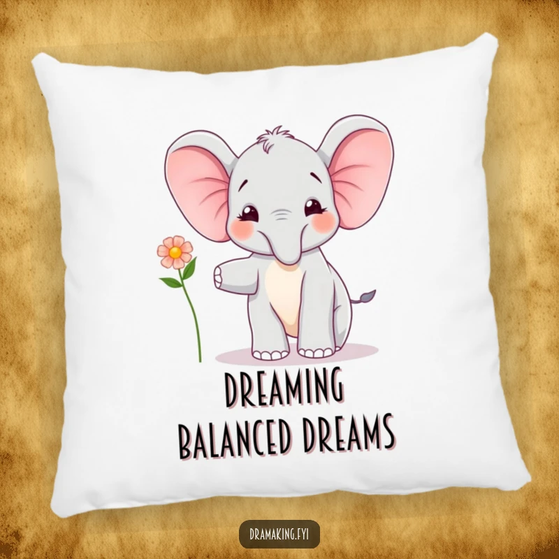 Funny Elephant Calf Balancing Pillow: A joyful elephant calf balances with a flower, offering cozy comfort and funny charm.