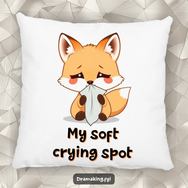 Funny pillow with a small fox dramatically weeping into a tiny handkerchief, offering comfort and a comical visual for emotional moments.