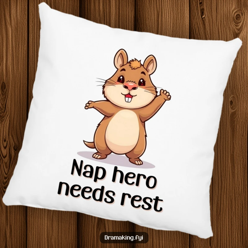 Funny Hero Capybara Pillow featuring a capybara striking a grand, heroic pose in a spotlight, offering funny, plush comfort.