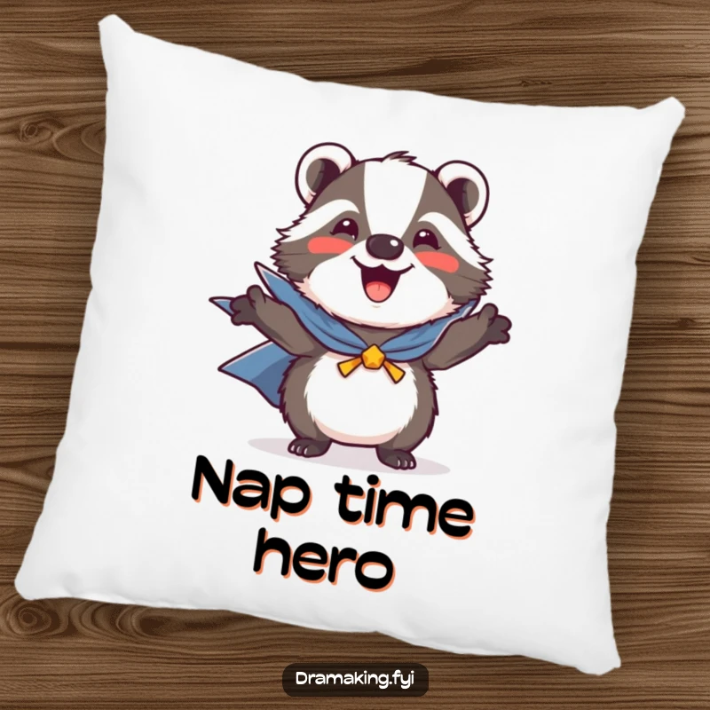 Funny pillow decorated with a joyful badger hero striking a brave pose, wearing a tiny, heroic cape for ultimate coziness.