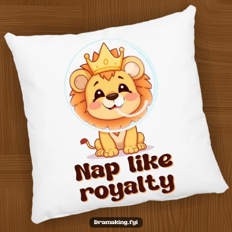 Funny lion cub pillow featuring a cheerful character blowing a soap bubble with a crown reflection, ideal for comfort and whimsy.