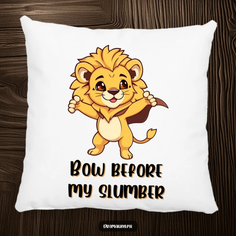 Funny Lion Cub Pillow: A proud lion cub hero with a flowing cape, striking a dramatic pose, creating a cozy and funny accent.
