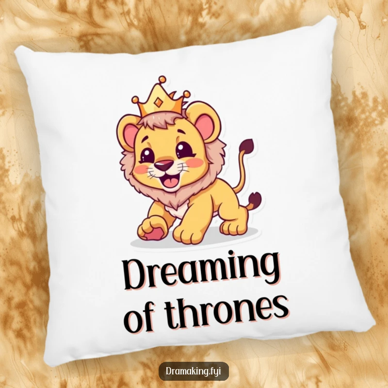 Funny pillow showcasing a lion cub wearing a crown, playfully pouncing, offering soft, humorous comfort and a touch of majesty.