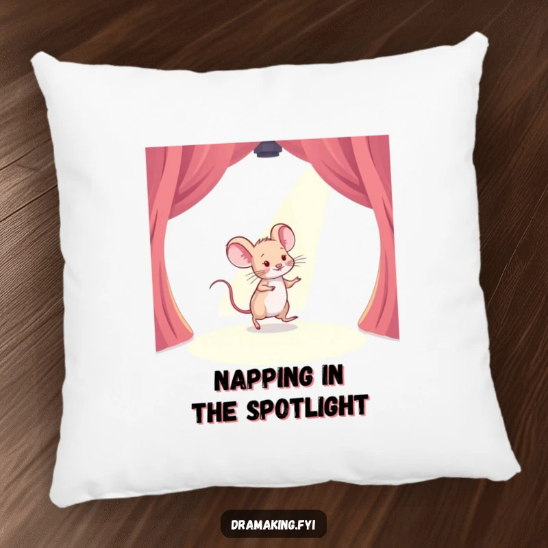 Funny pillow with a timid mouse tiptoeing across a stage with a spotlight shining, offering comfort and a humorous visual.