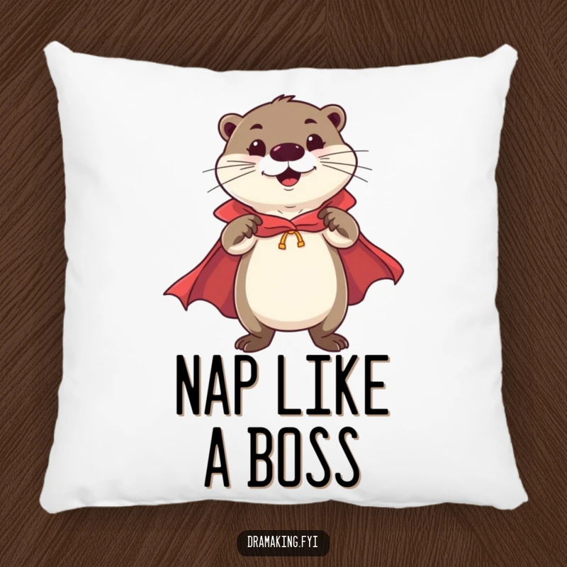 Funny Otter Hero Pillow with a cheerful otter in a cape striking a flamboyant, confident pose, offering funny, plush comfort.