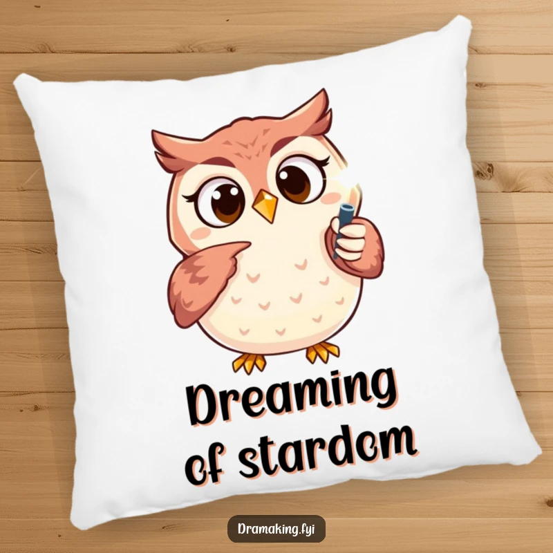 Funny owl pillow featuring an excited character pointing at a sparkling spotlight, ideal for adding comfort and inspiration.