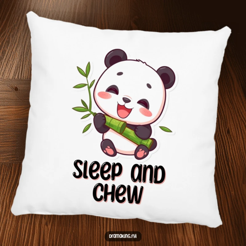Funny Pillow with a soft, plush design of a delighted panda character happily munching on bamboo, ideal for cozy relaxation.
