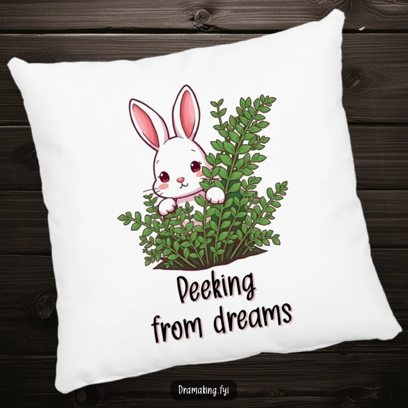 Funny rabbit peeking from behind a lush fern on a pillow, adding cozy curiosity and a humorous touch to decor.