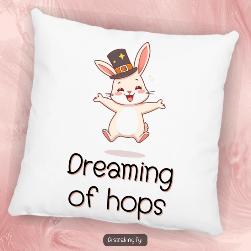 Funny Rabbit Hat Pillow depicting a very happy rabbit wearing a fancy hat, jumping with glee, plush and cheerful.