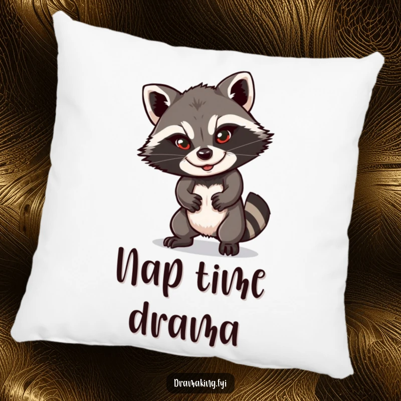 Funny raccoon pillow showcasing a playful character in a dramatic pose with a sly smile, offering comfort and humorous decor for any room.