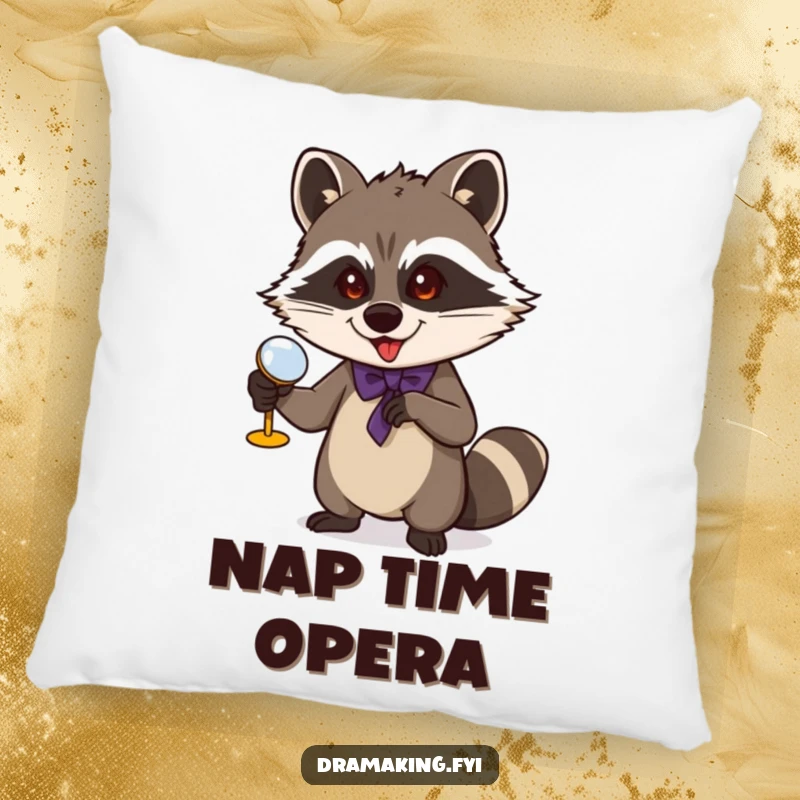 Funny Raccoon Pillow: A plush cushion featuring a mischievous raccoon gesturing with opera glasses, designed for comfort and dramatic flair.