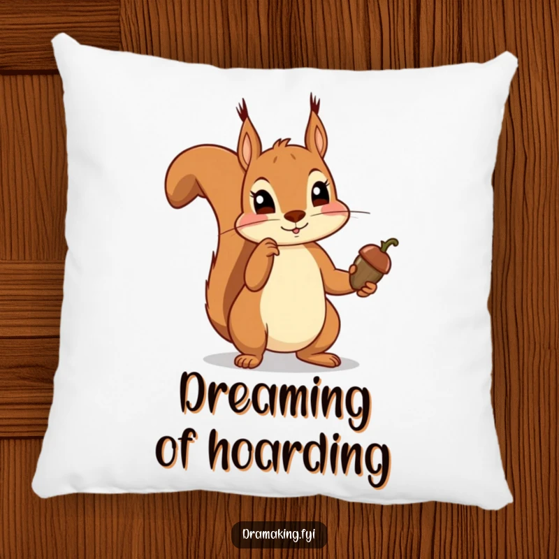 Funny squirrel pillow featuring a squirrel dramatically pointing an acorn scepter, offering cozy comfort and whimsical woodland humor.