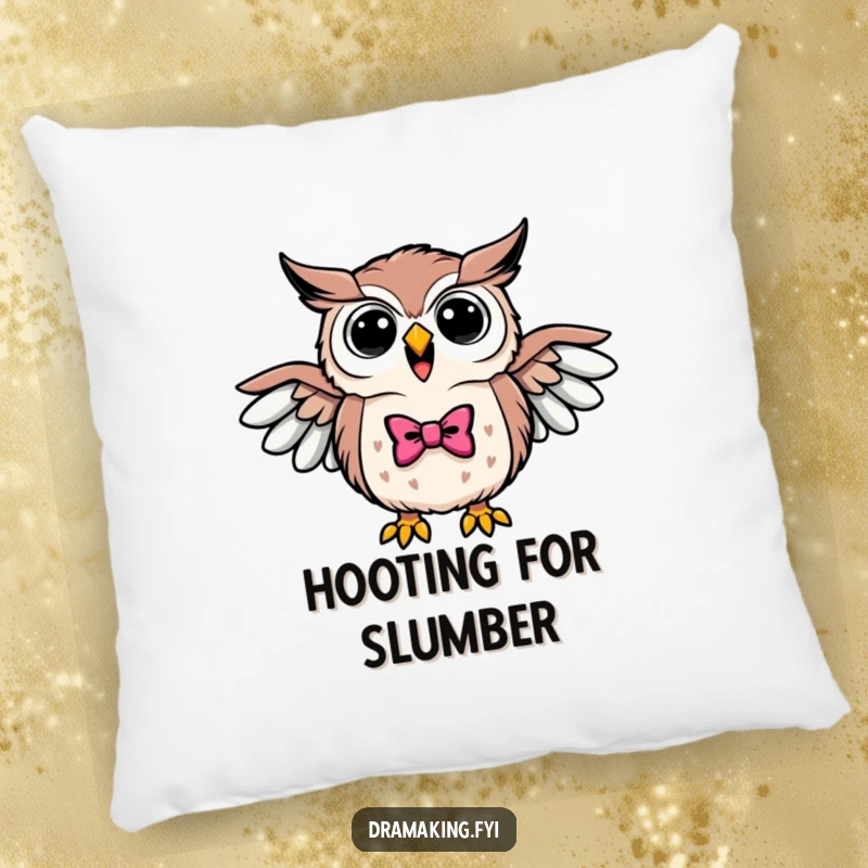 Funny pillow of a triumphant owl wearing a bowtie, hooting loudly with wings outstretched, offering cozy wisdom.