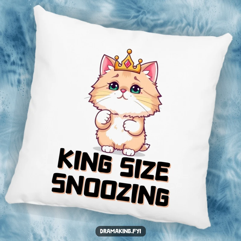 Funny pillow featuring a fluffy cat in a crown, pointing with authority at a sparkling item, soft and humorous.