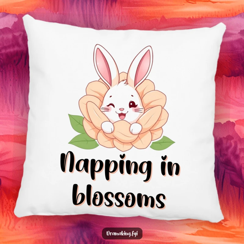 Funny pillow featuring a happy rabbit peeking from behind a giant flower, soft and full of whimsy.