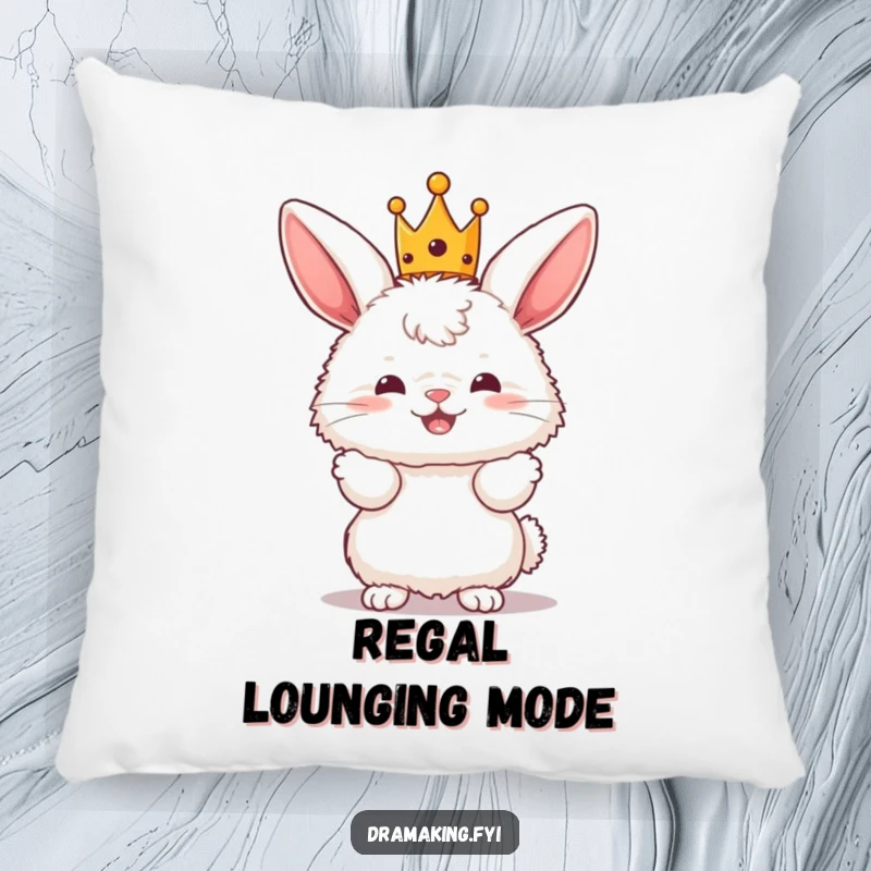 Funny Bunny King Pillow with a fluffy bunny character wearing a tiny crown and posing dramatically, for sofas.