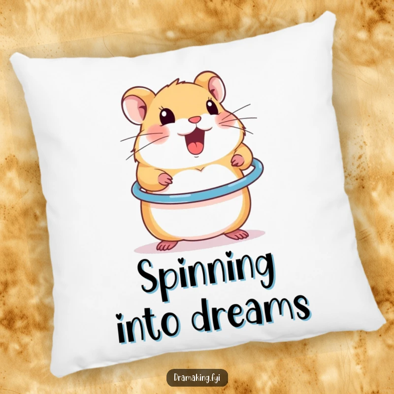 Funny pillow featuring an excited hamster spinning a miniature hula hoop, soft and full of energy.