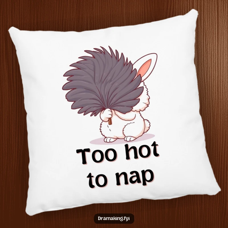 Funny pillow with a fluffy bunny dramatically fanning itself with a large feather, offering comfort and a comical visual.